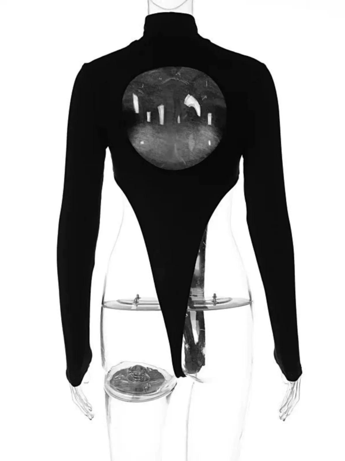 Side view of black sheer mesh bodysuit showing the turtleneck collar and high-cut leg silhouette detail