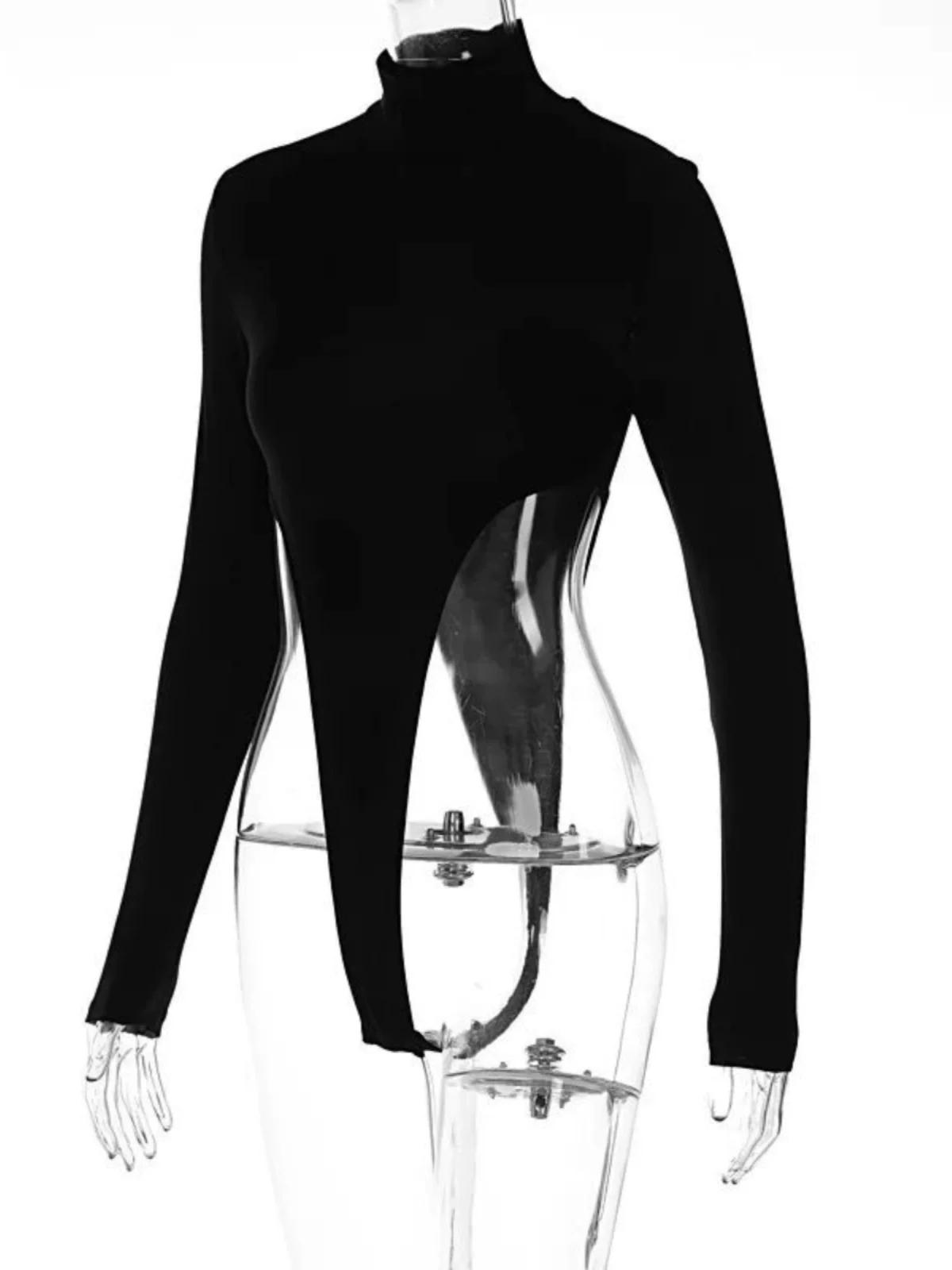 Rear angle of black stretch mesh long-sleeve bodysuit with ultra high-cut thong bottom and fitted turtleneck