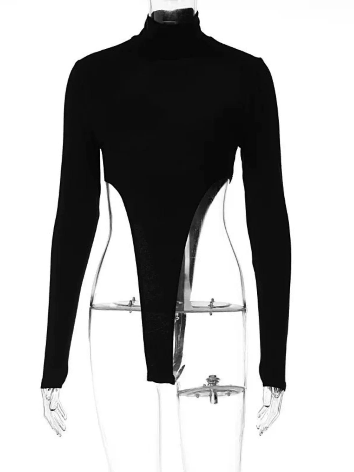 Front view of black high-neck turtleneck bodysuit with full-length sleeves and extreme high-cut leg line