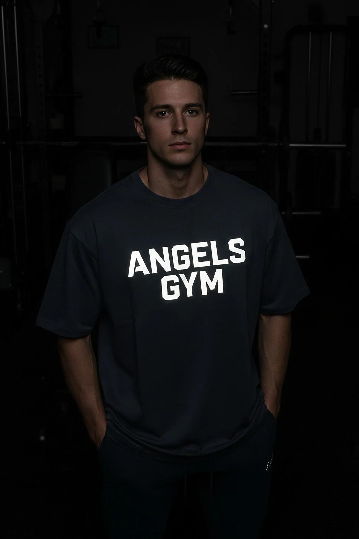 black oversized graphic t-shirt bold white ANGELS GYM logo print crew neck relaxed fit
