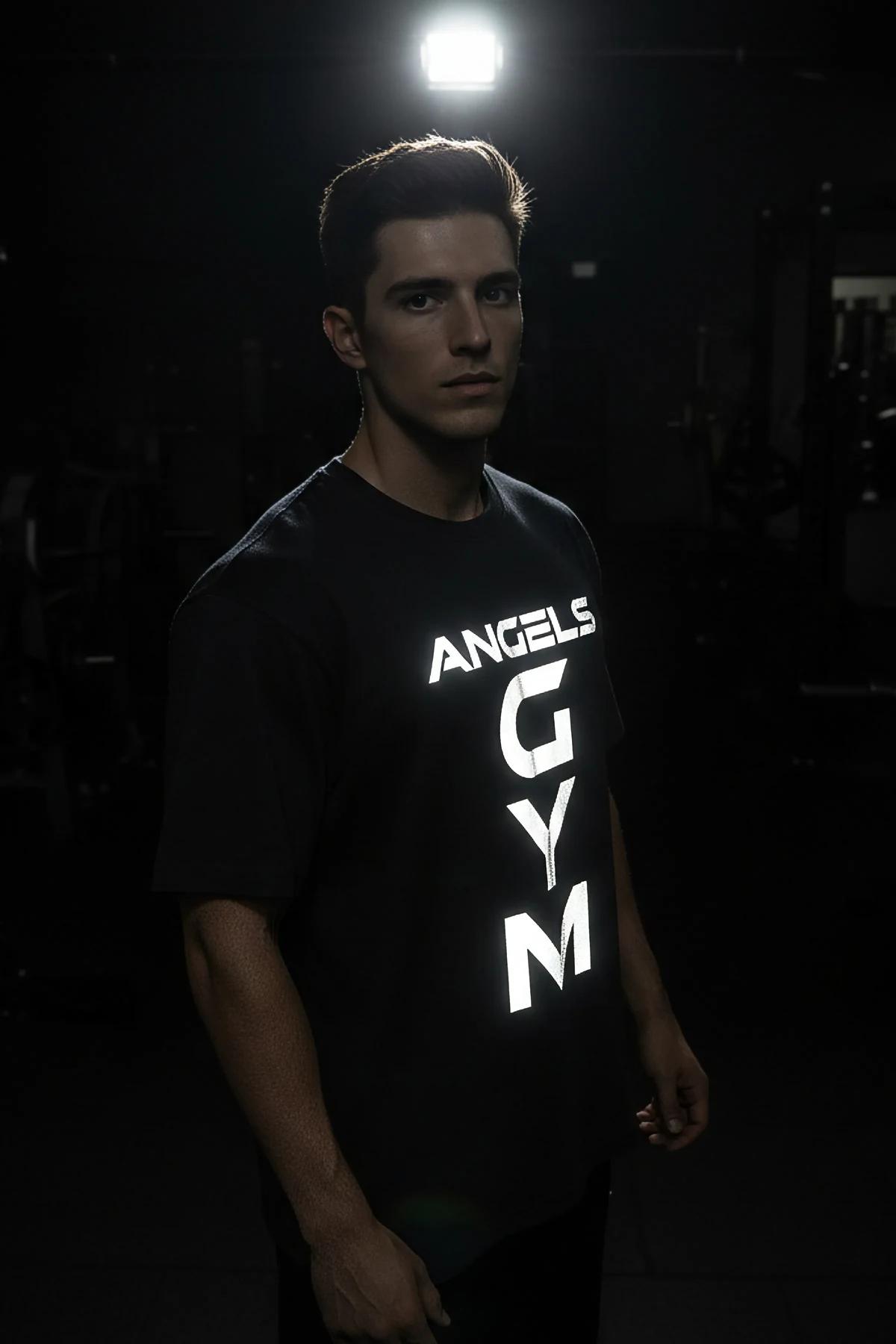 black oversized graphic t-shirt bold white ANGELS GYM logo print crew neck relaxed fit
