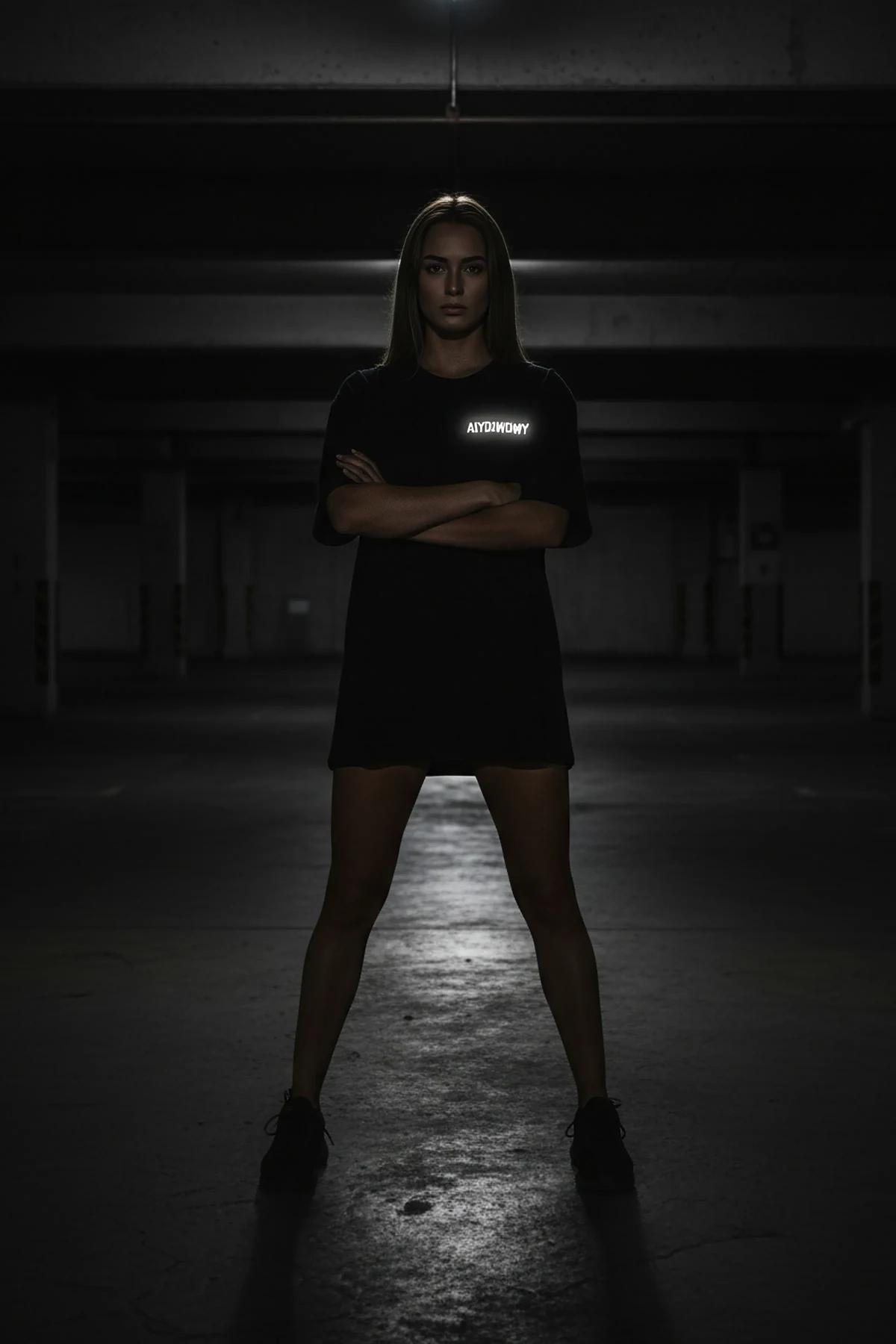 black oversized cotton t-shirt with white reflective custom block-letter chest print, drop-shoulder street fit