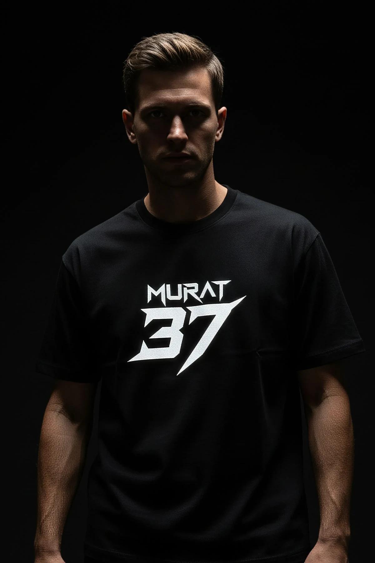 reflective print black oversized t-shirt white bold graphic lettering and numerals on chest front view