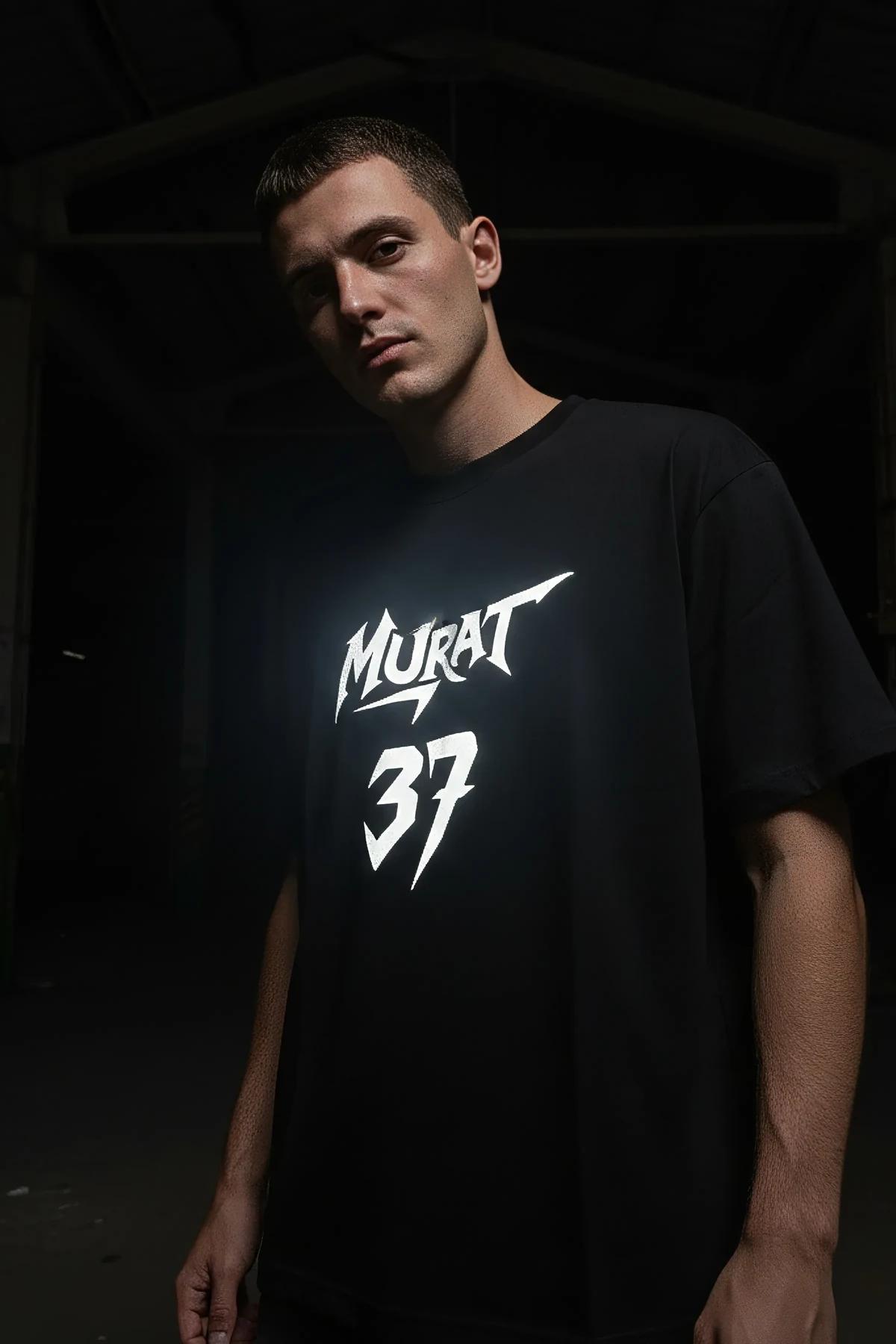 reflective print black oversized t-shirt white bold graphic lettering and numerals on chest front view