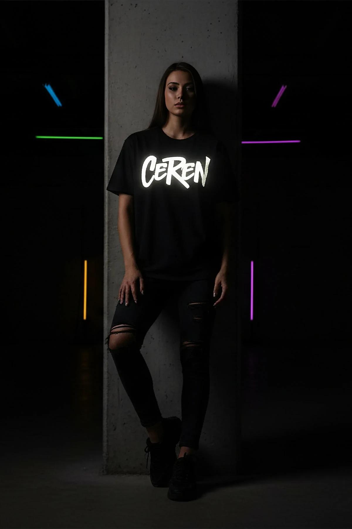 personalised reflective grey tee close-up of 28 cm wide glowing script print on chest