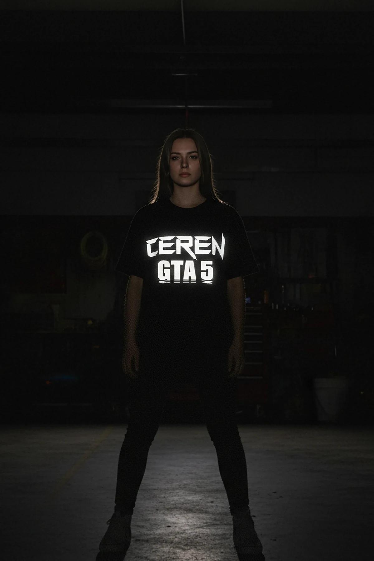 black oversized t-shirt with glow-in-the-dark Ceren GTA 5 angular graphic worn in dark studio setting