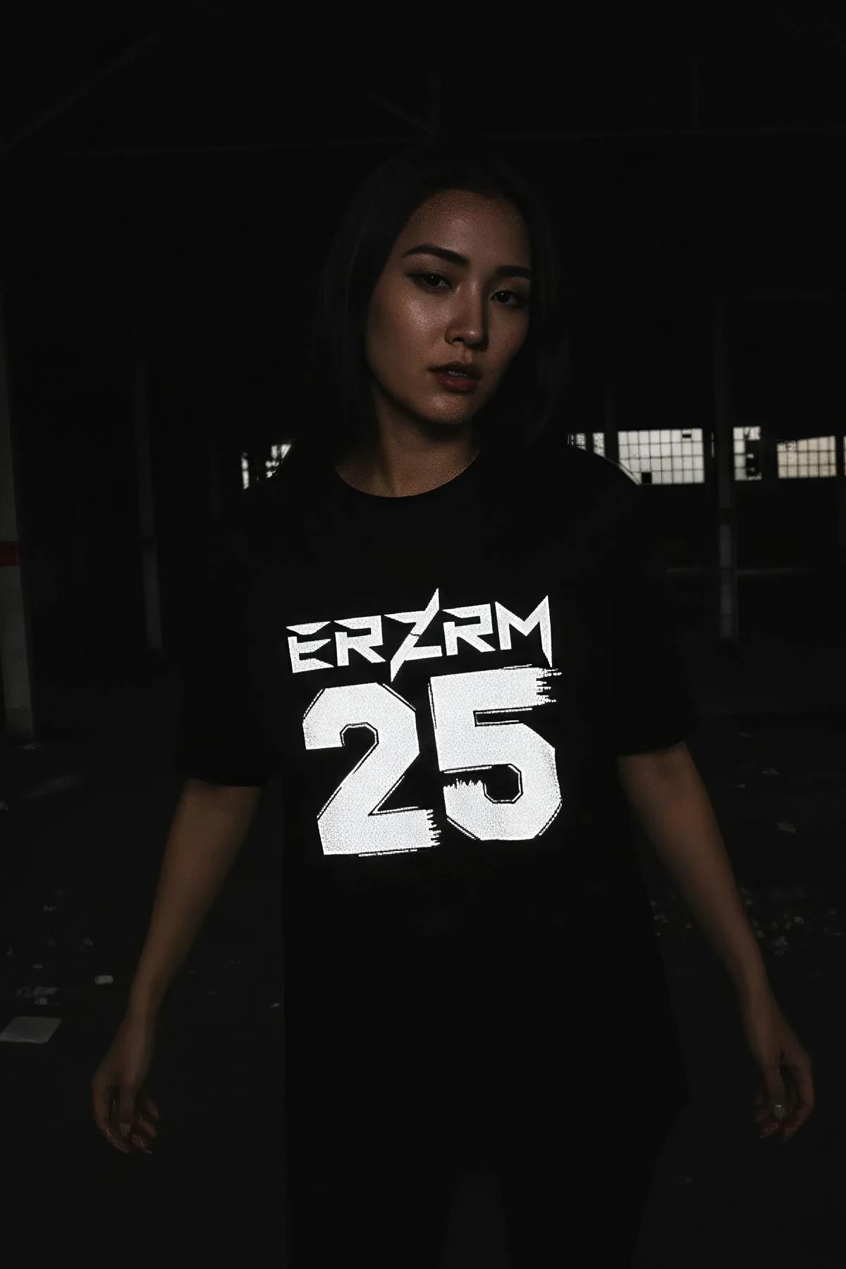black oversized t-shirt with reflective white ERZRM 25 glow graphic print on chest, boxy streetwear fit