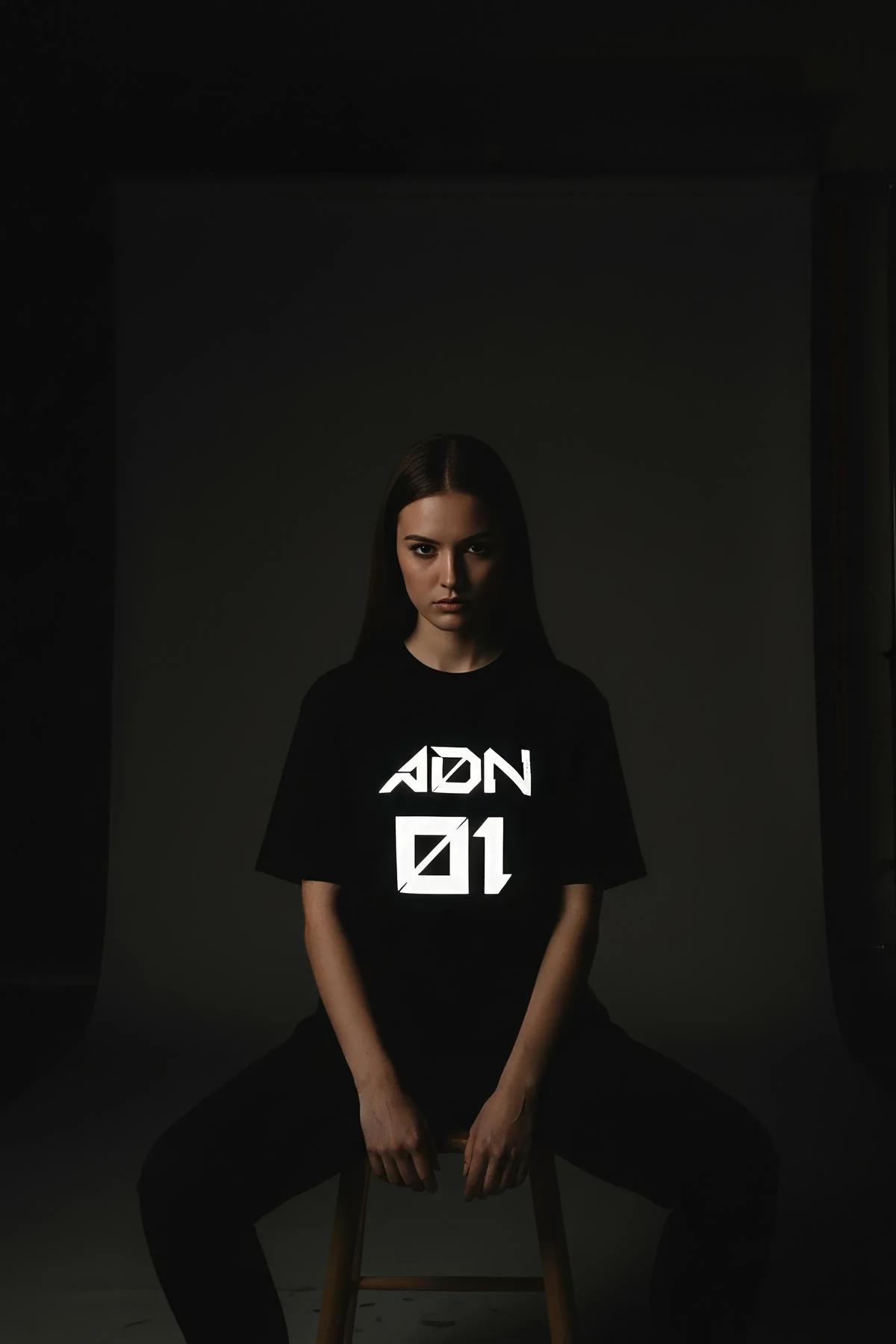 close-up retroreflective graffiti graphic on black cotton tee activating under flash
