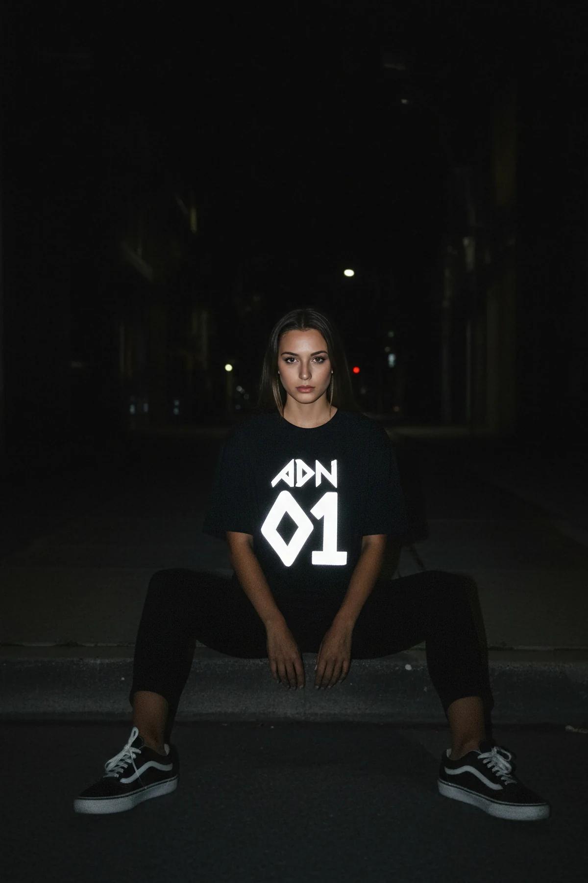 back view black oversized reflective graphic t-shirt showing drop-shoulder relaxed fit