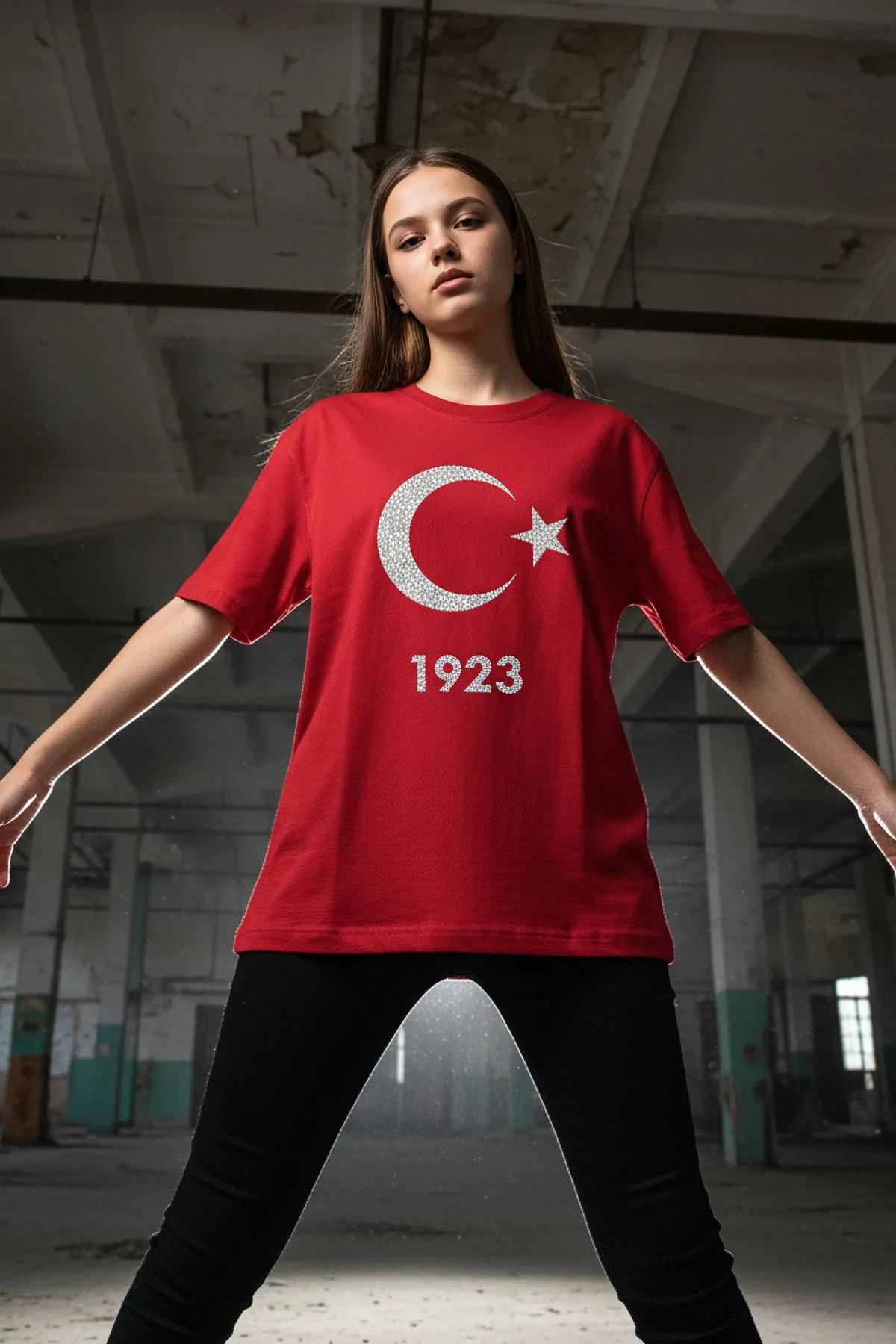 red crystal rhinestone crescent moon star t-shirt with 1923 emblem oversized crew neck