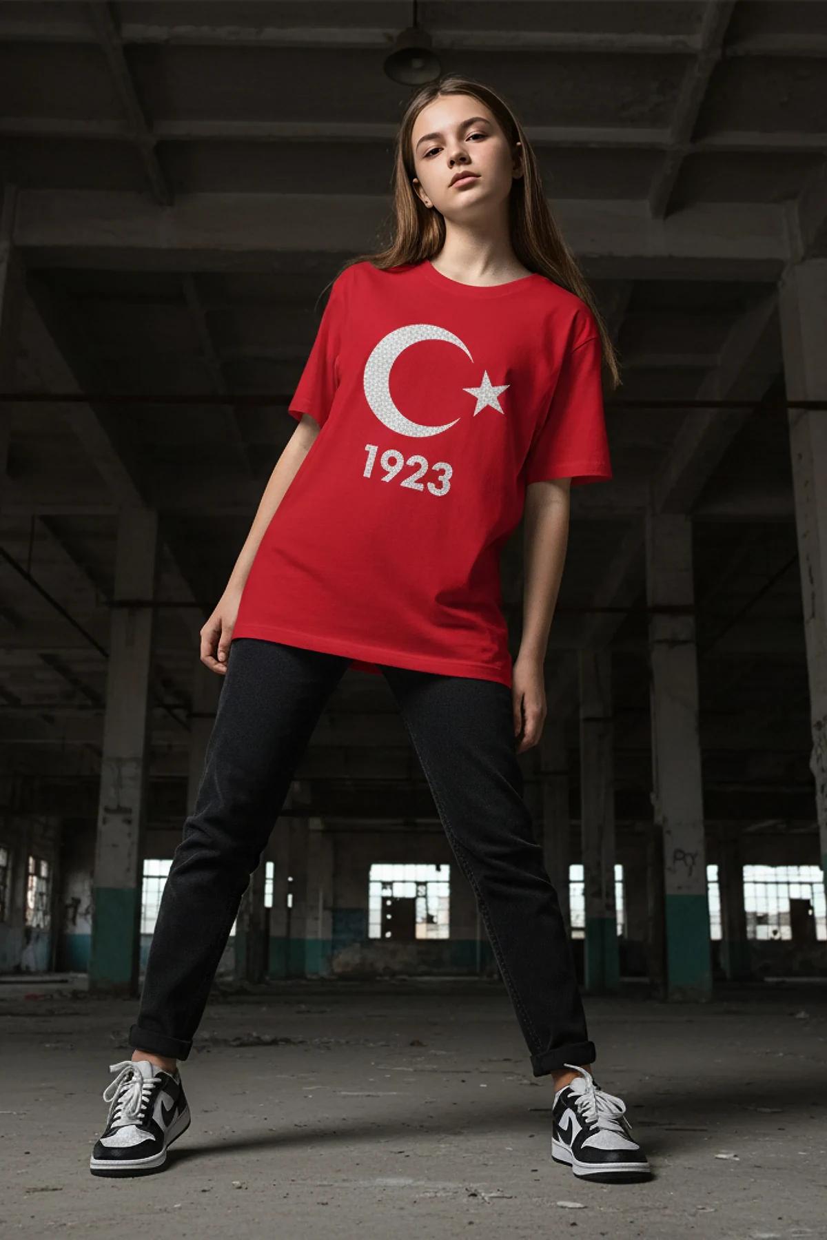 red crystal rhinestone crescent moon star t-shirt with 1923 emblem oversized crew neck