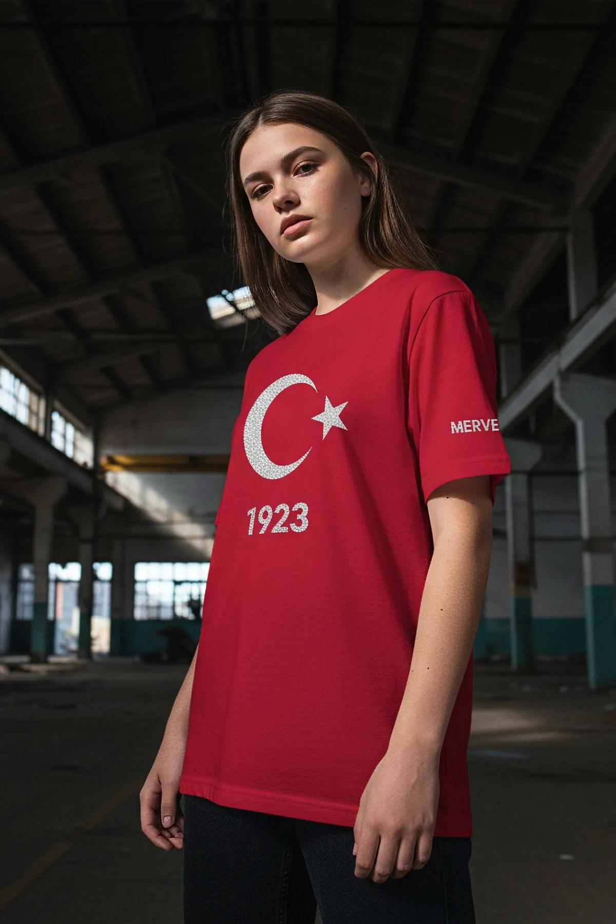 red crystal rhinestone crescent moon star t-shirt with 1923 emblem oversized crew neck
