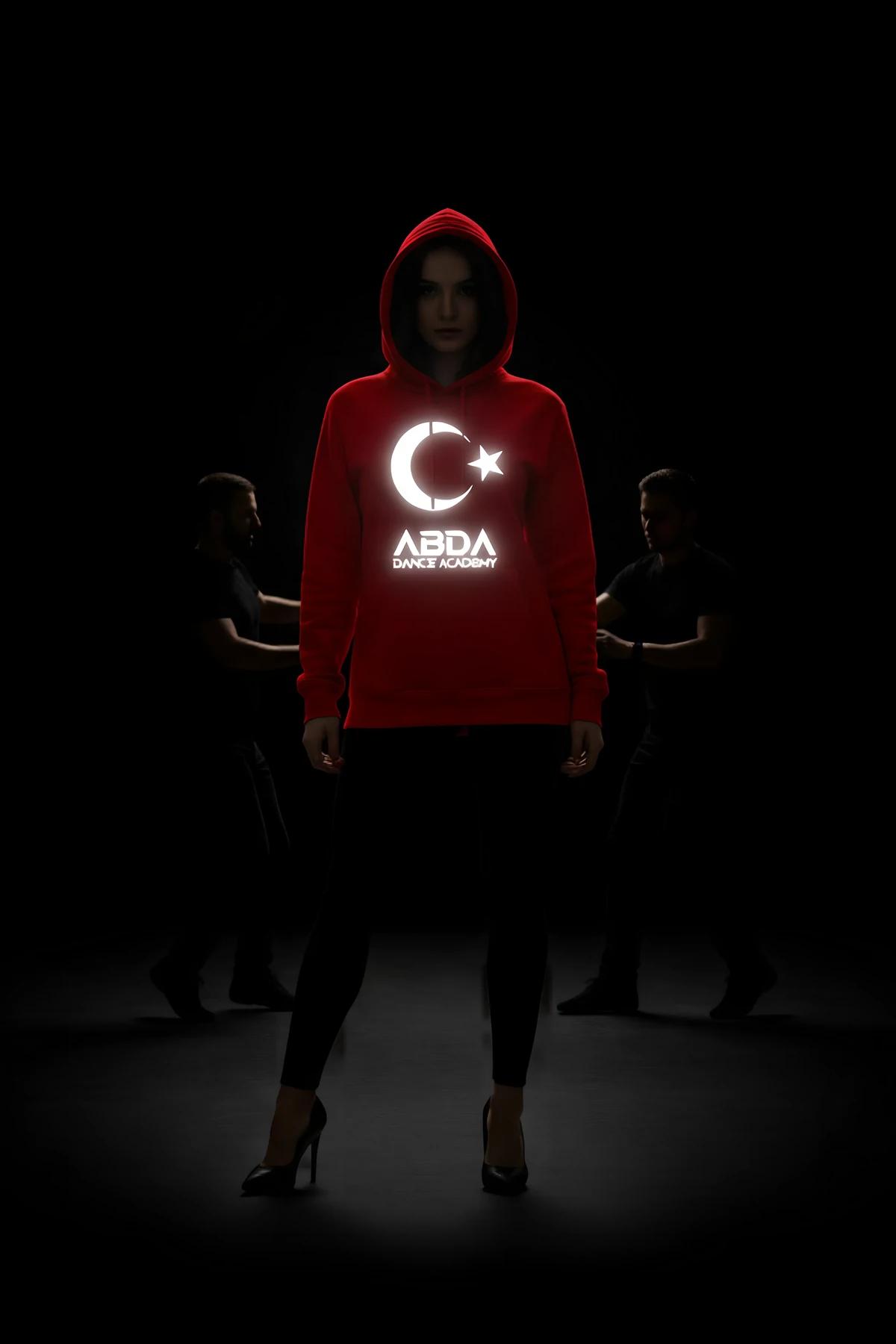 red LED light-up hoodie with glowing white Turkish flag crescent-star and ABDA Dance Academy logo on chest