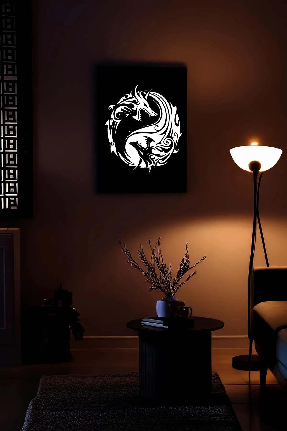 Yin Yang ejderha suni deri tablo salon duvarı üzerinde yakın plan görünüm
