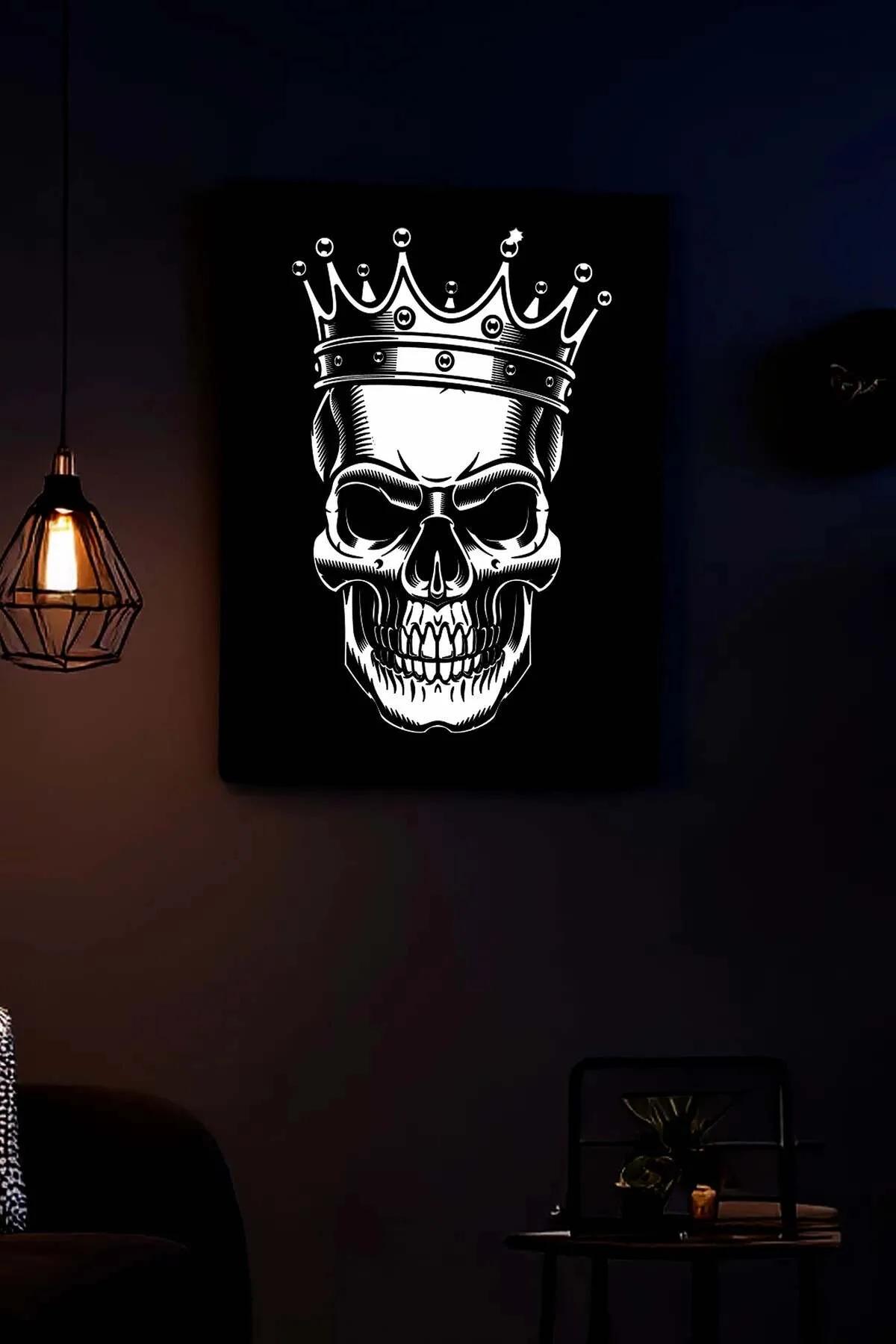 taçlı kurukafa gotik kanvas tablo siyah beyaz reflektörlü baskı duvar sanatı
