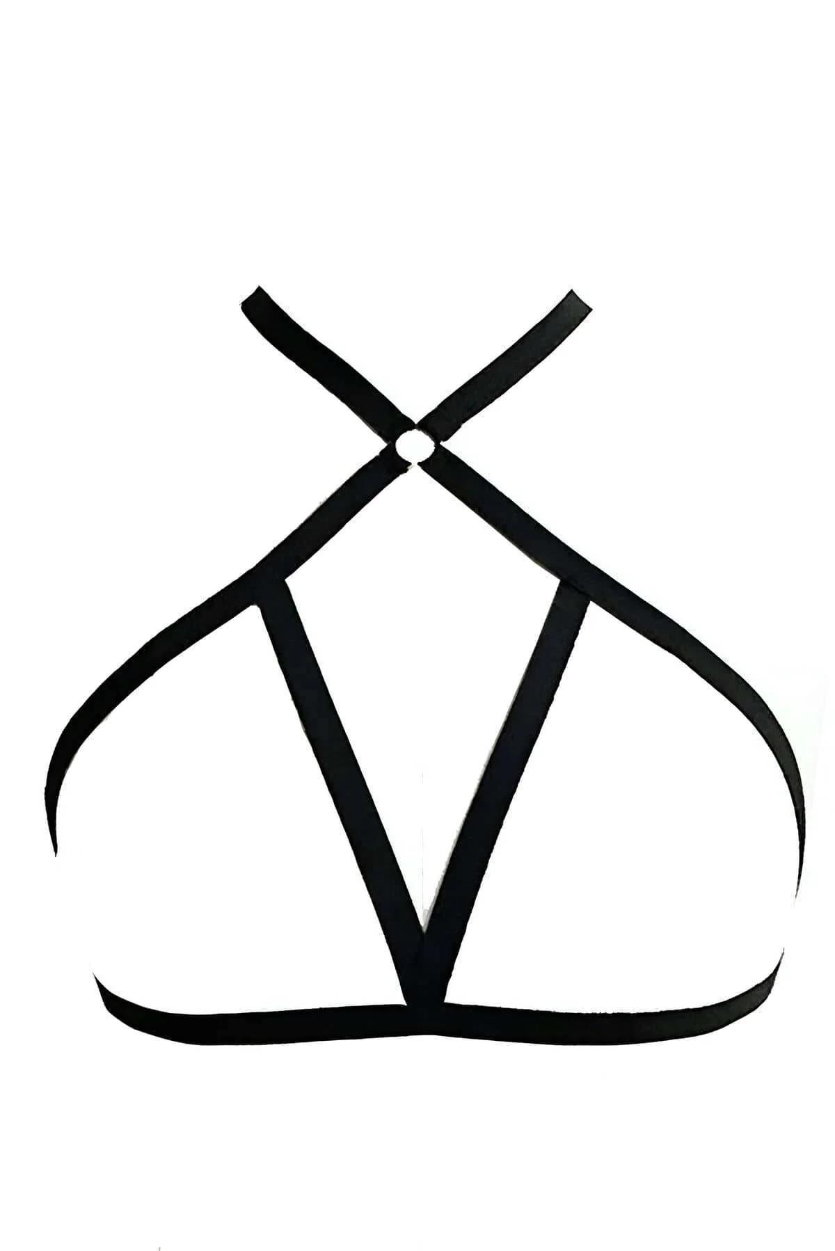 adjustable black nylon body harness with silver Nickel-finish ring hardware, geometric strap layout detail