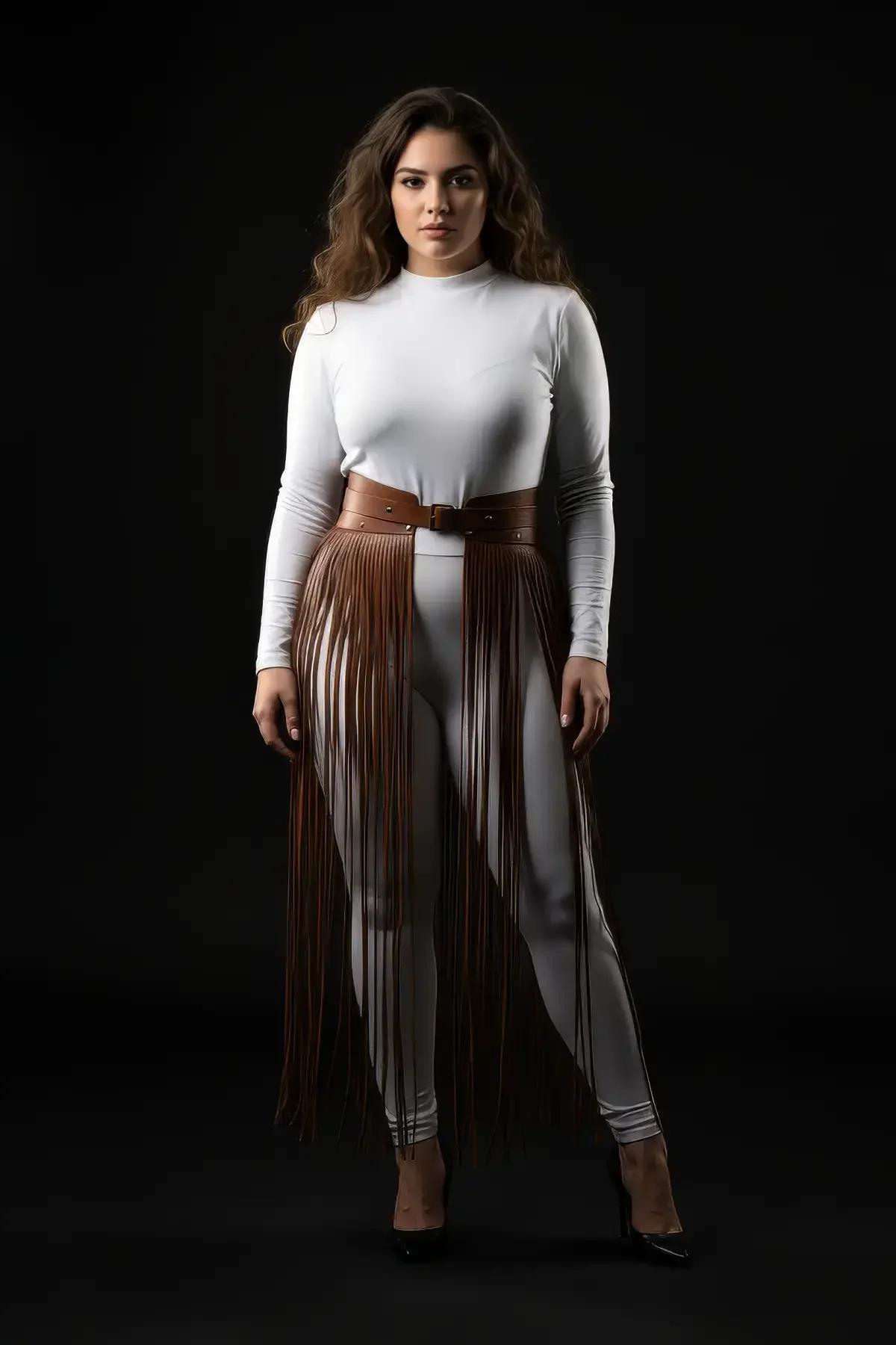 Side view of brown fringe tassels cascading from faux leather waist harness, full length