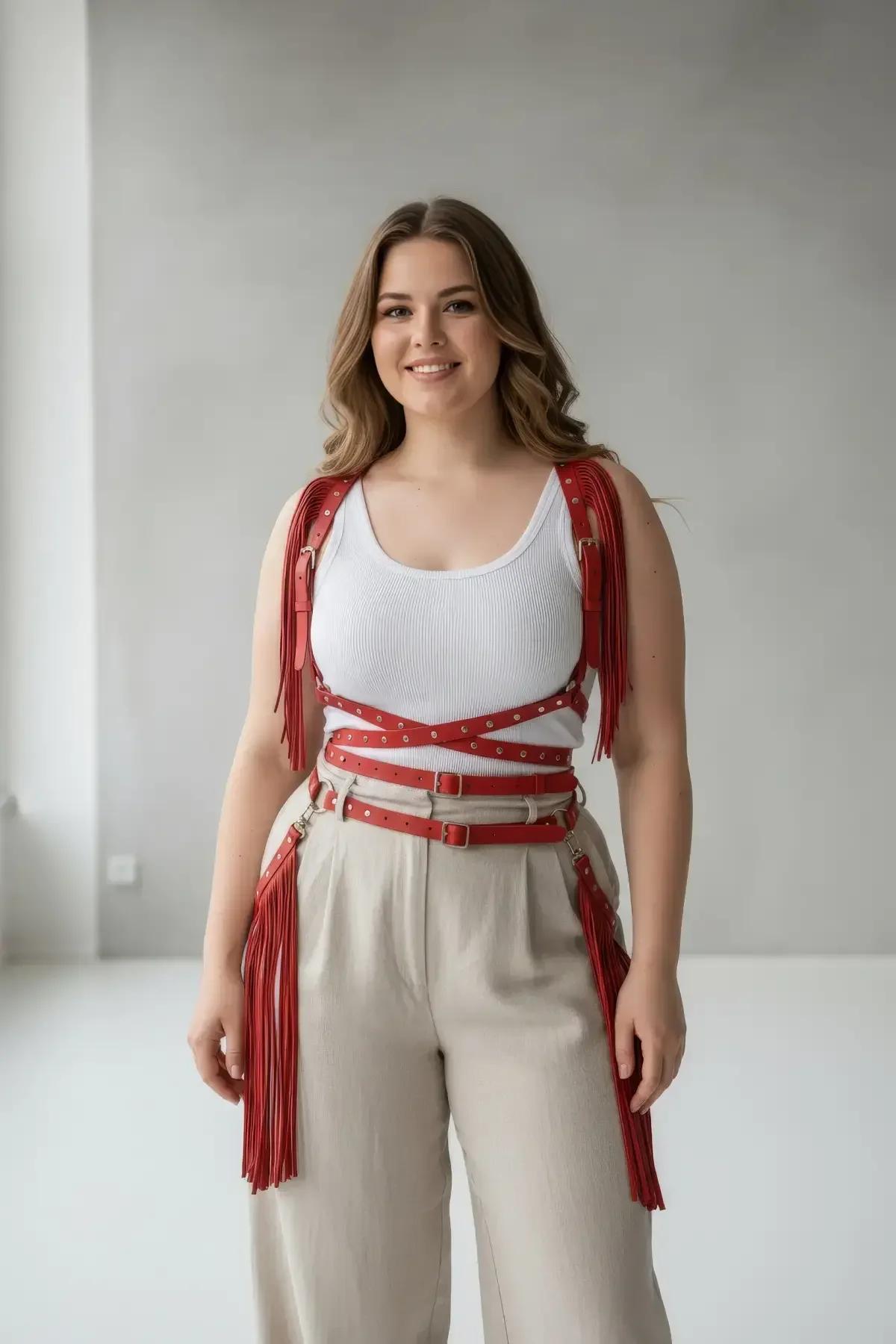 close-up red faux leather caged waist harness with four horizontal straps and silver-tone square buckles