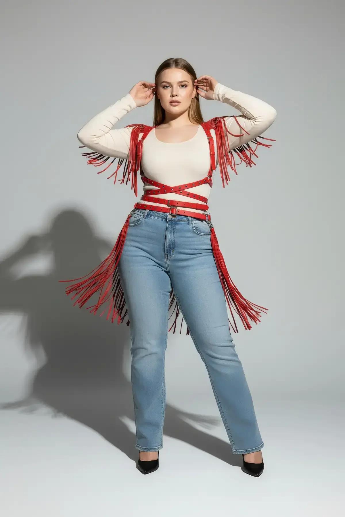 red fringed harness bra side view showing full fringe length from shoulder to hip
