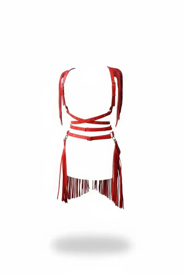 kırmızı vegan deri vücut harness takımı çapraz kayış omuz ve bel püsküllü gümüş toka