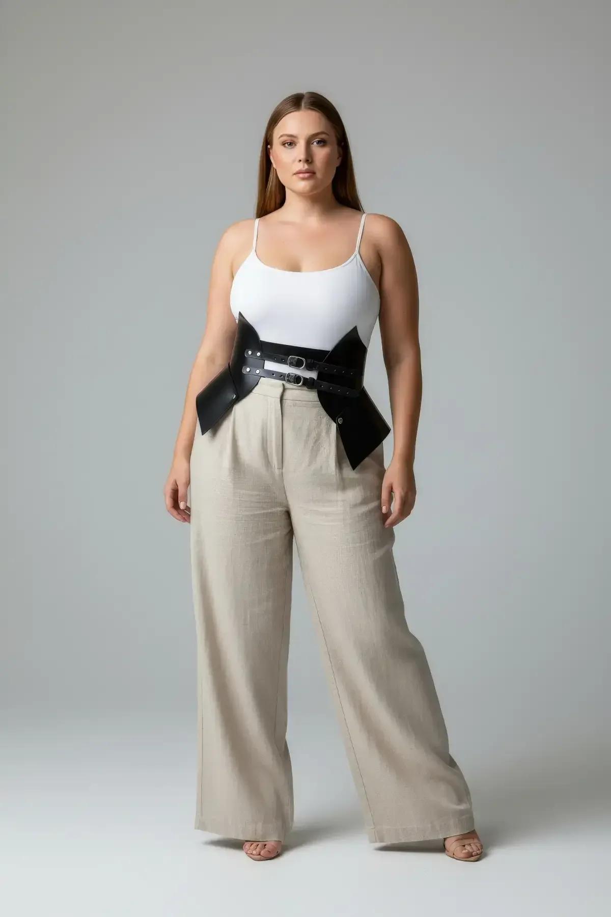 front view black structured faux leather waist harness with dome studs and double adjustable buckle