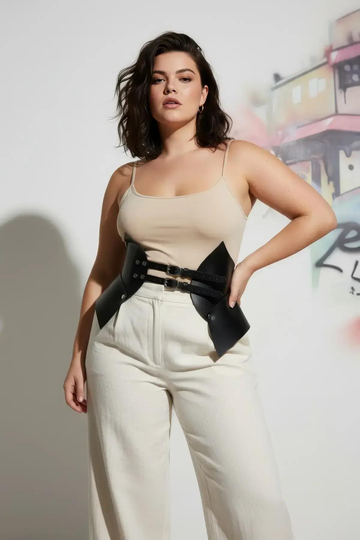 black vegan leather waist harness styled over wide-leg jeans showing full silhouette shape