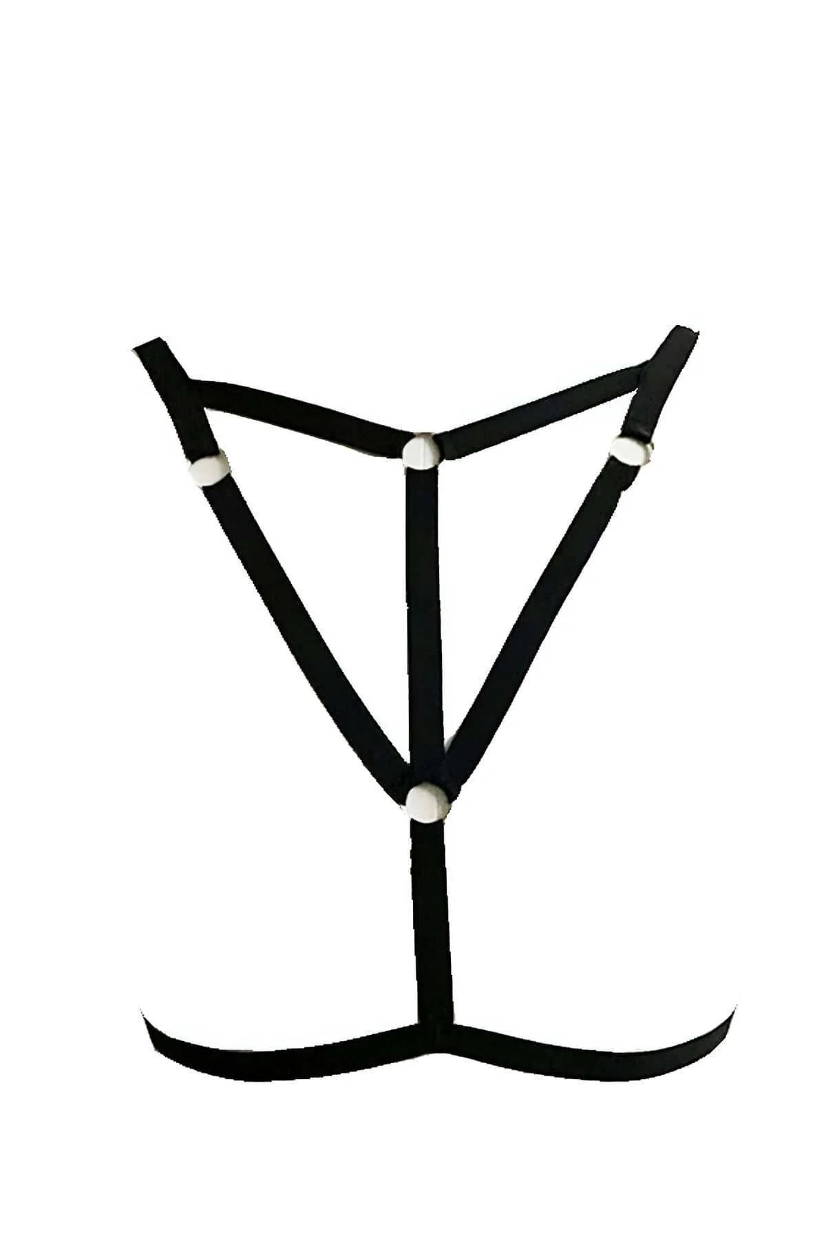 triangle body harness black elastic worn over grey top front view