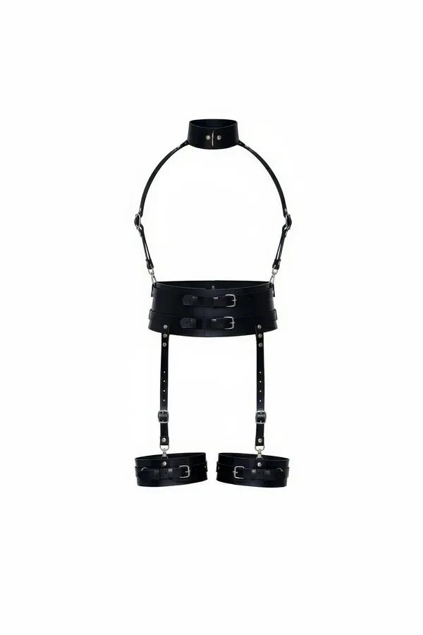 siyah suni deri harness takım geniş çift tokalı bel kemeri boyunluk ve bacak manşeti gümüş toka detaylı