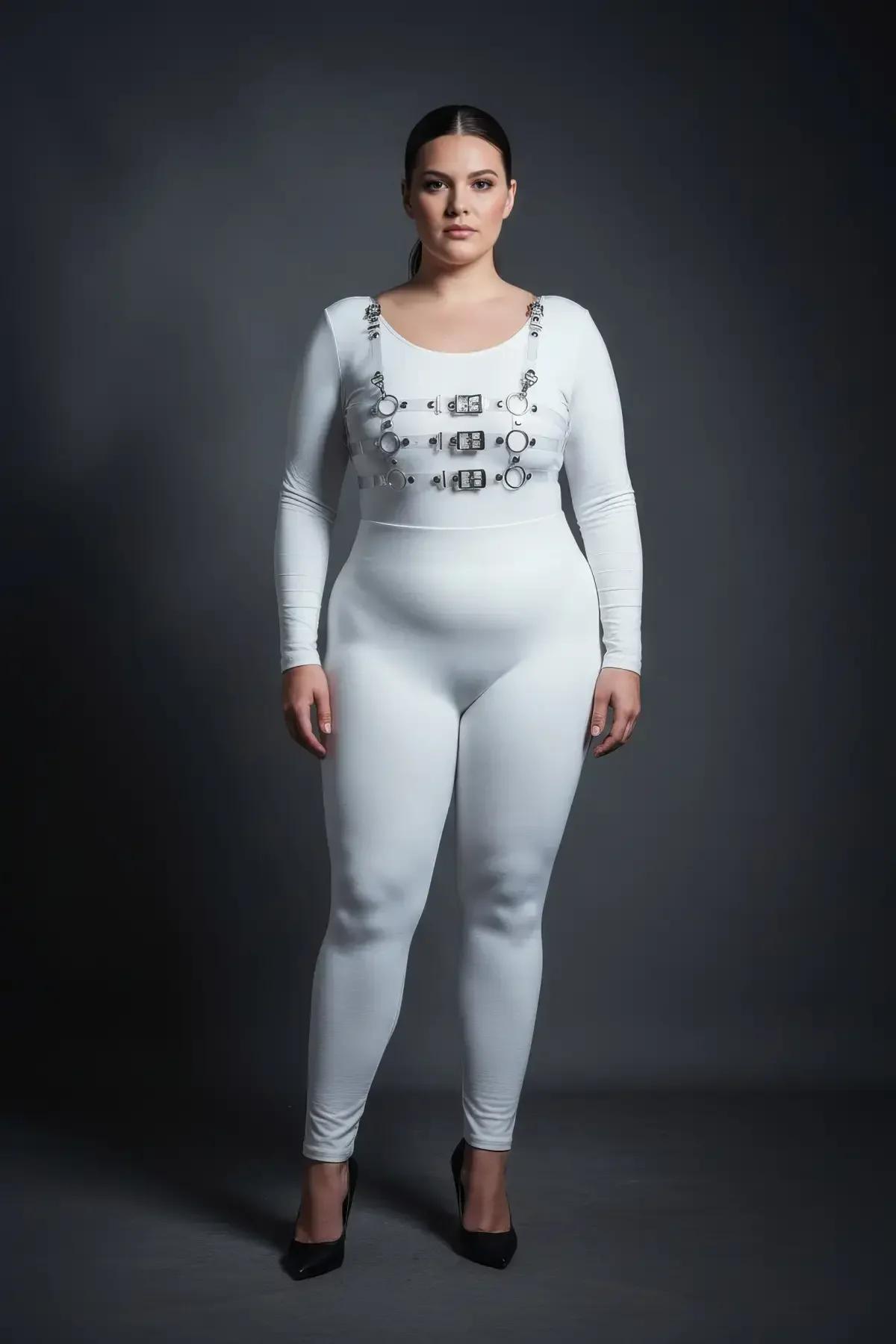White strappy body harness with silver buckle rows photographed from front showing full chest panel structure