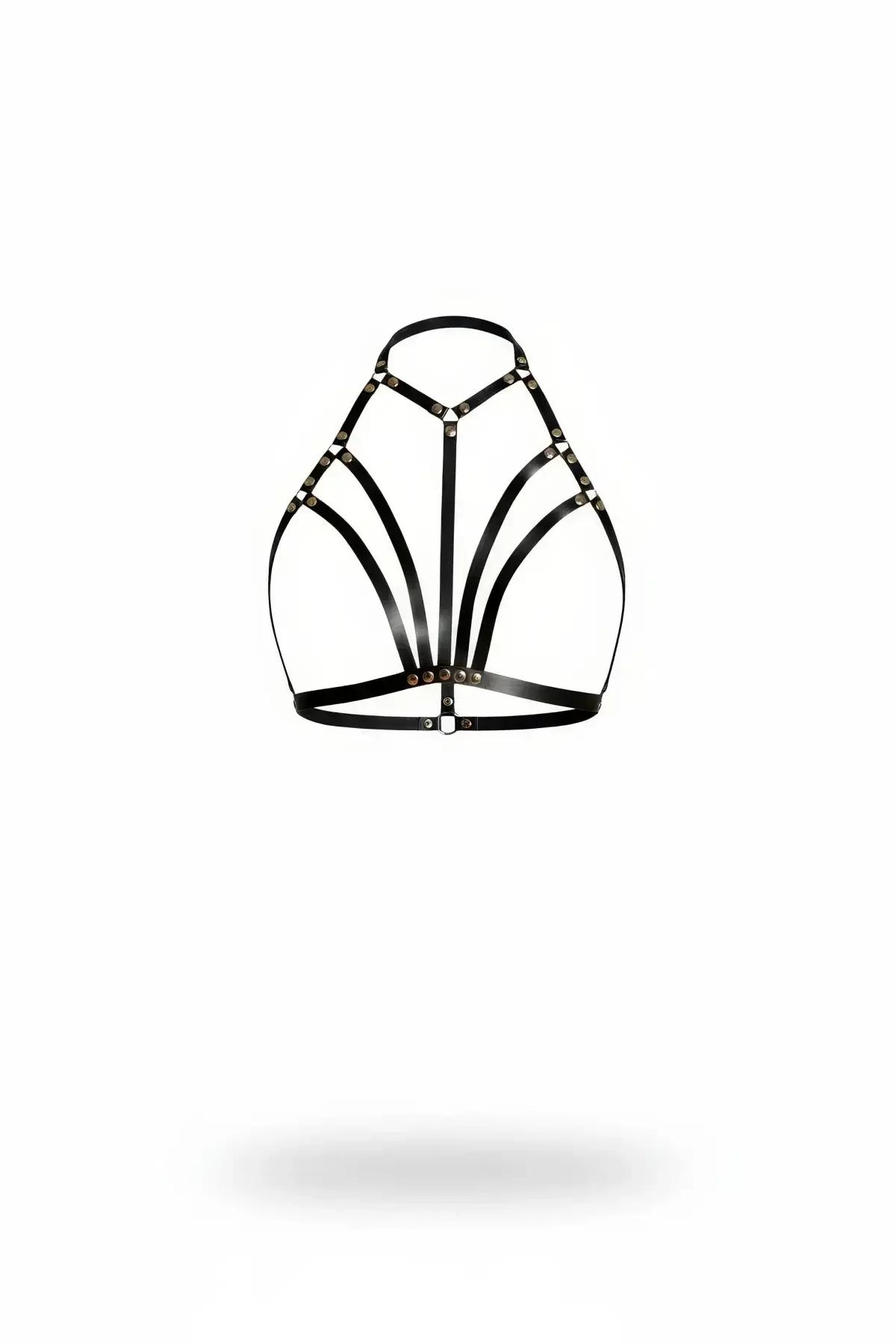 Siyah vegan deri çoklu şeritli kafes harness bronz metal perçin ve ön toka detayı