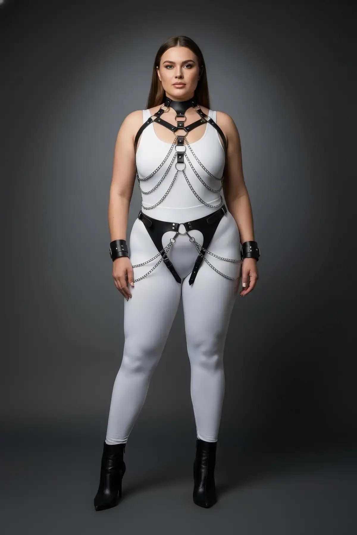 Close-up of black faux leather chest harness with five draping silver-tone chains and center O-ring hardware