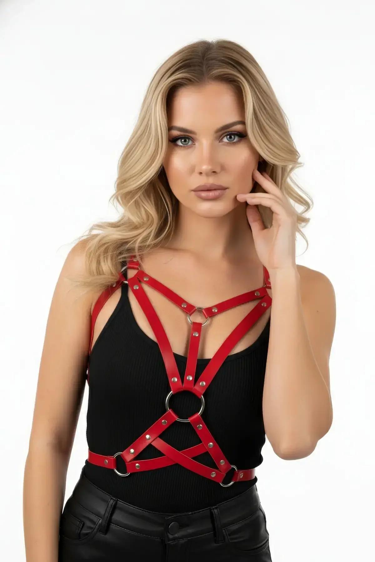 kırmızı PU bant vücut harness beş bant geometrik çapraz geçiş gümüş halka