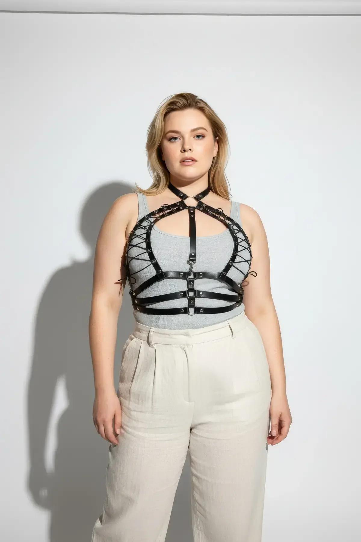 Back view of black faux leather halter harness with adjustable buckle neck strap