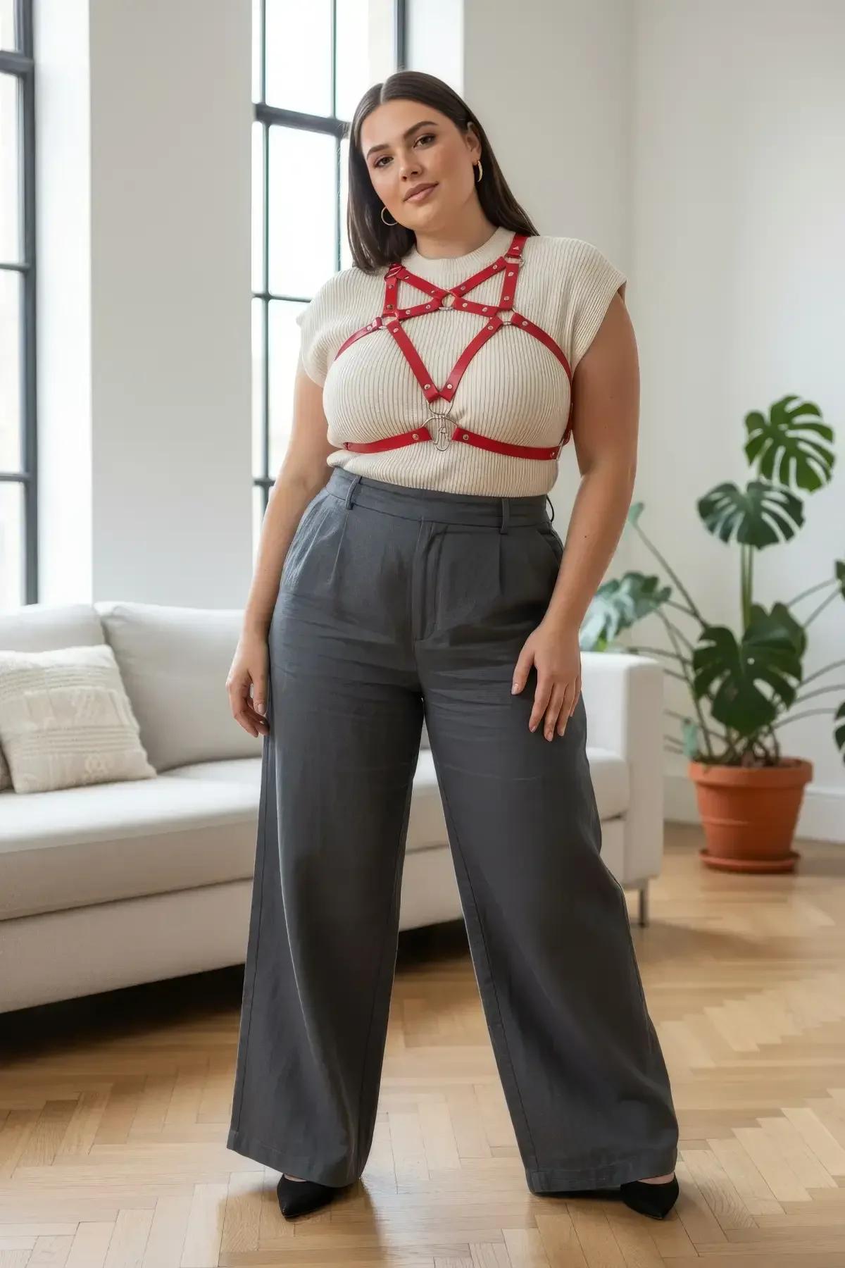 red PU faux leather chest harness showing geometric star strap configuration and silver connector rings closeup
