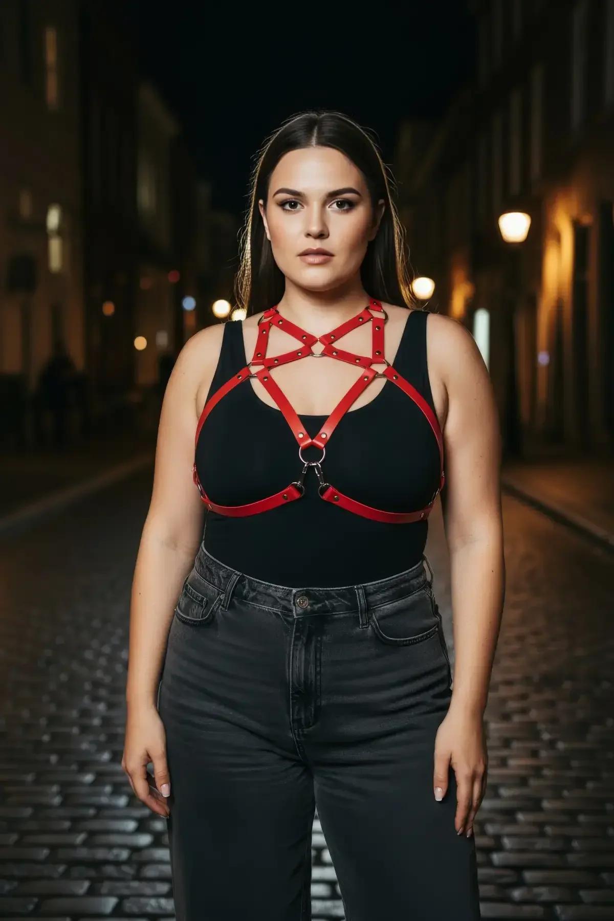 red strappy harness bra with central O-ring at underbust layered over white midi dress street style