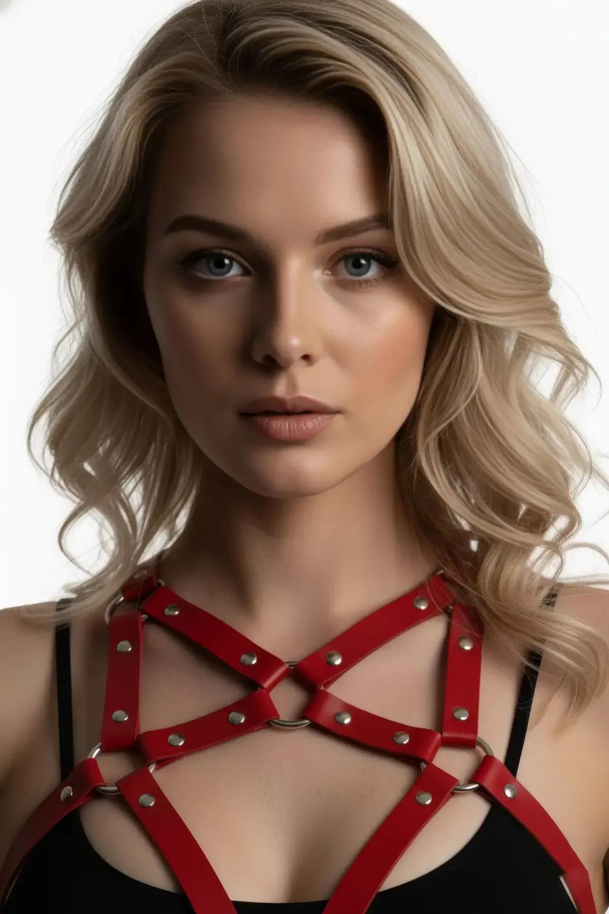 kırmızı PU deri çapraz bant harness ön görünüm gümüş metal O-ring merkez