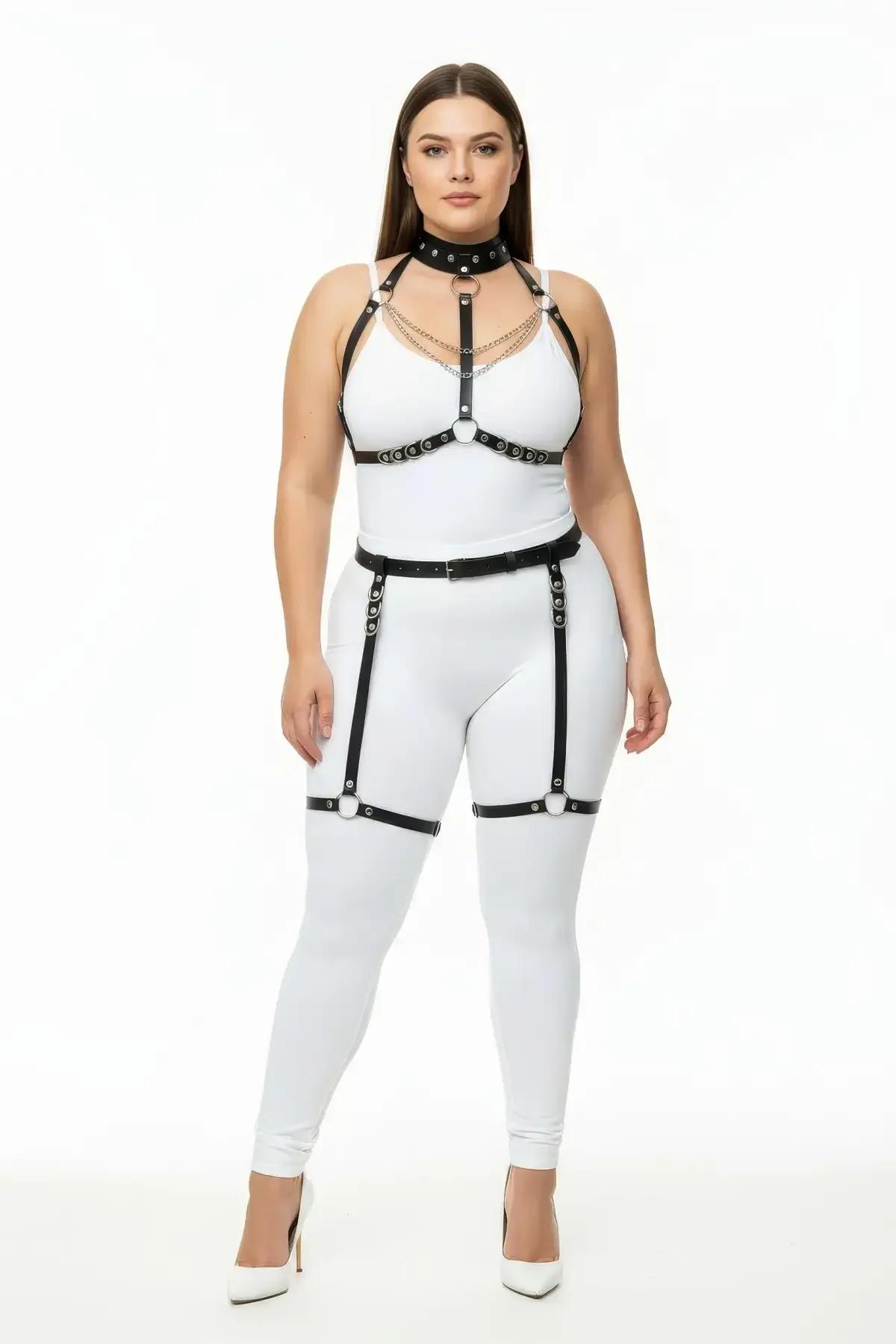 black PU faux leather chest harness with draped silver chain and centre O-ring hardware detail