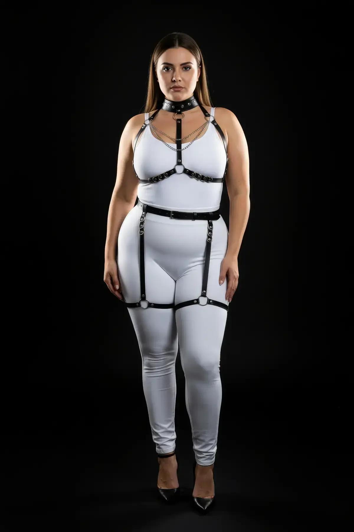 black leather choker collar with D-ring and underbust harness band showing silver eyelet row