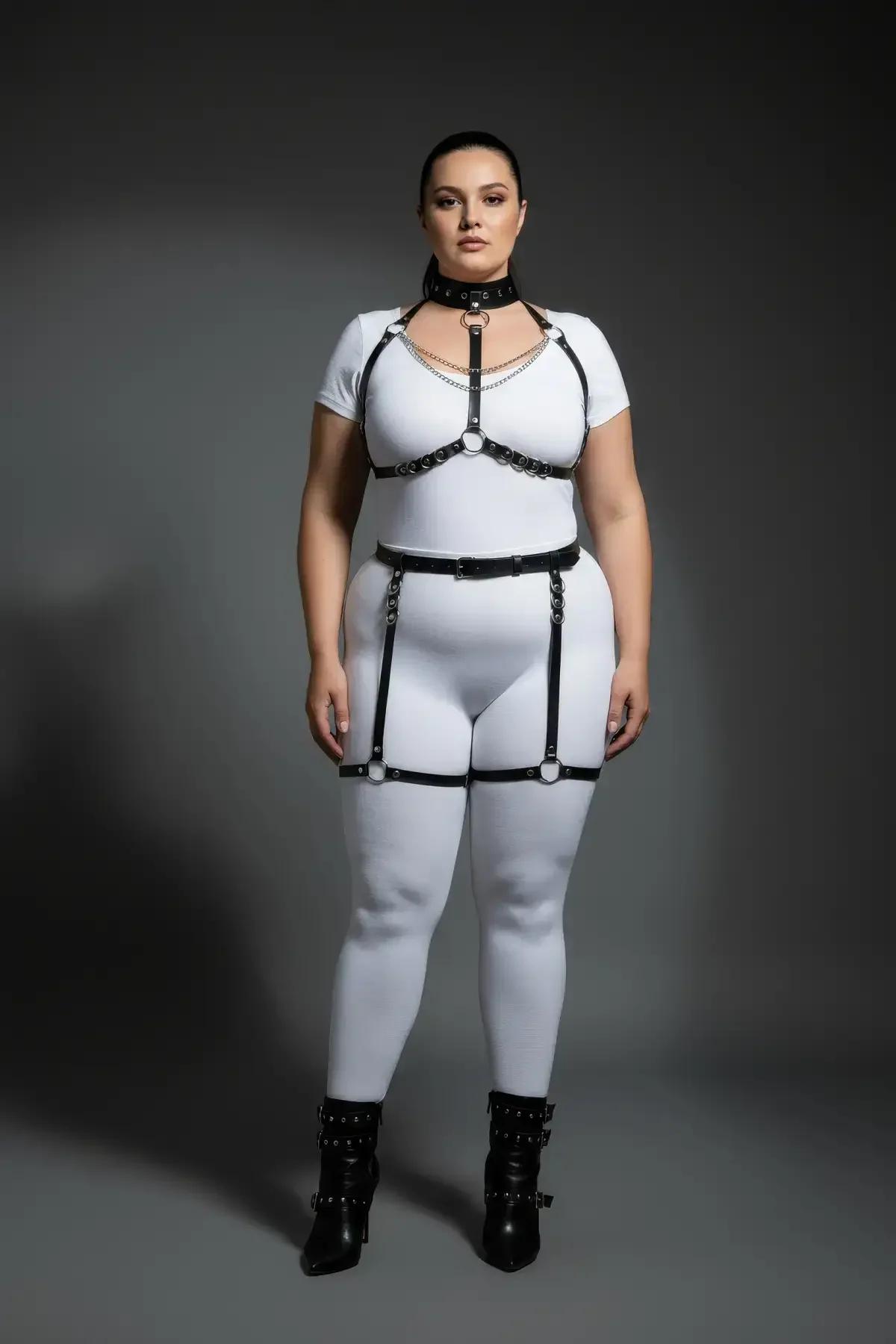 black faux leather thigh garter straps with O-ring hardware worn over white leggings