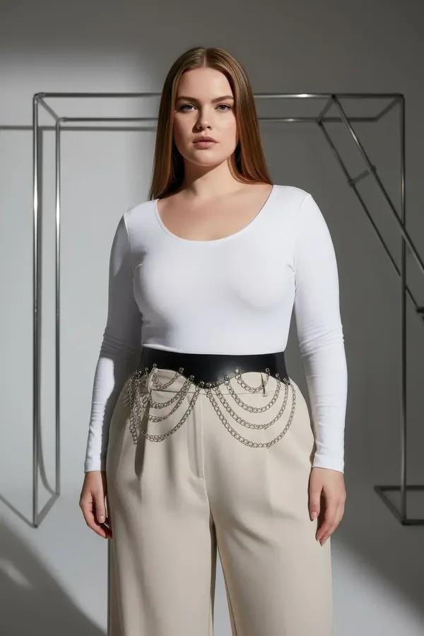black faux leather wide waist belt with four tiers draped silver chains front view worn with white tank