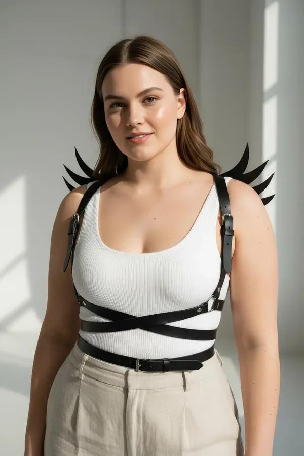 black faux leather body harness with spiked devil wing shoulders and X-cross chest straps silver buckles