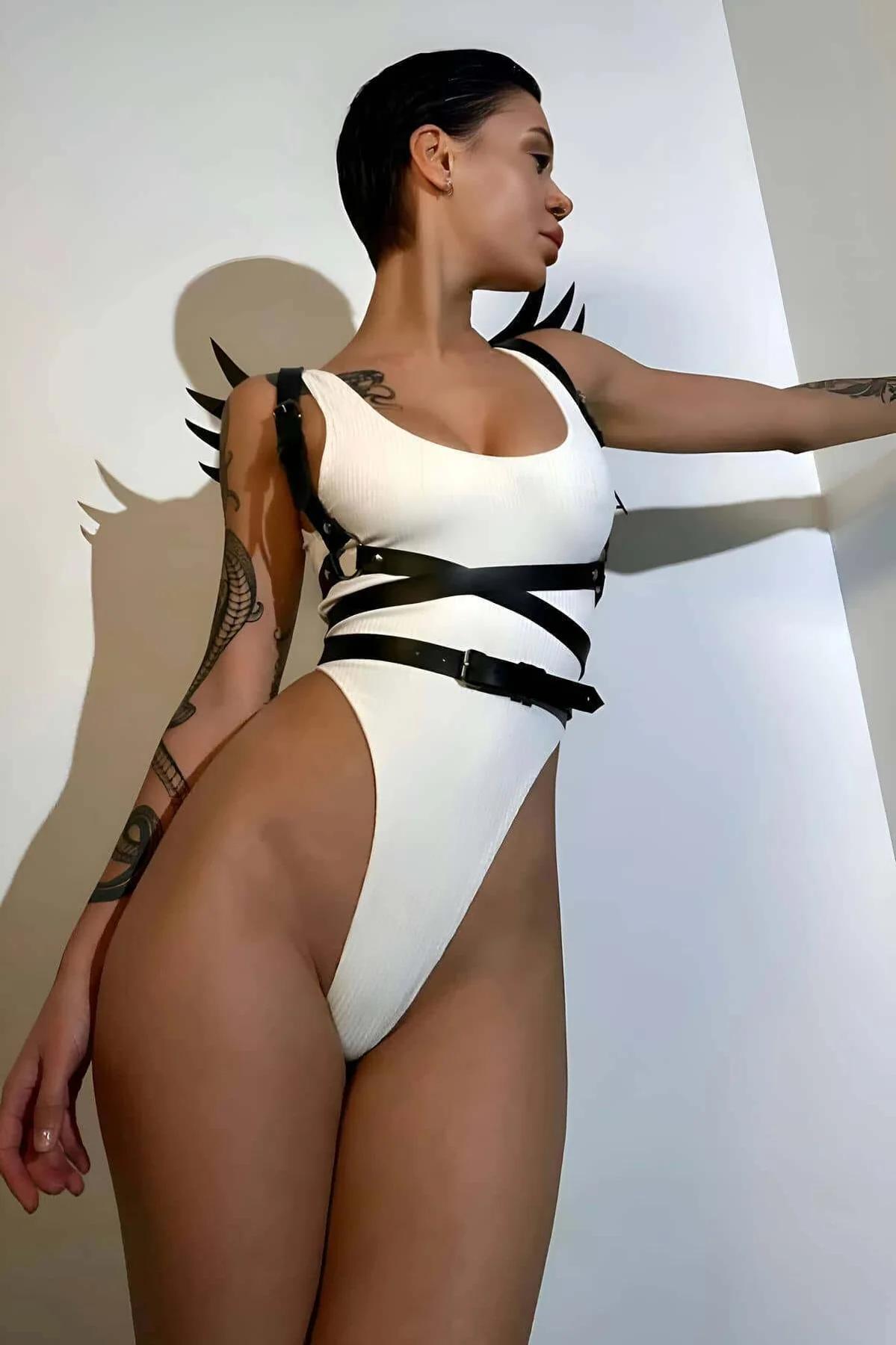 siyah PU vegan deri çift bel bandı harness, gümüş metal toka ile ayarlı