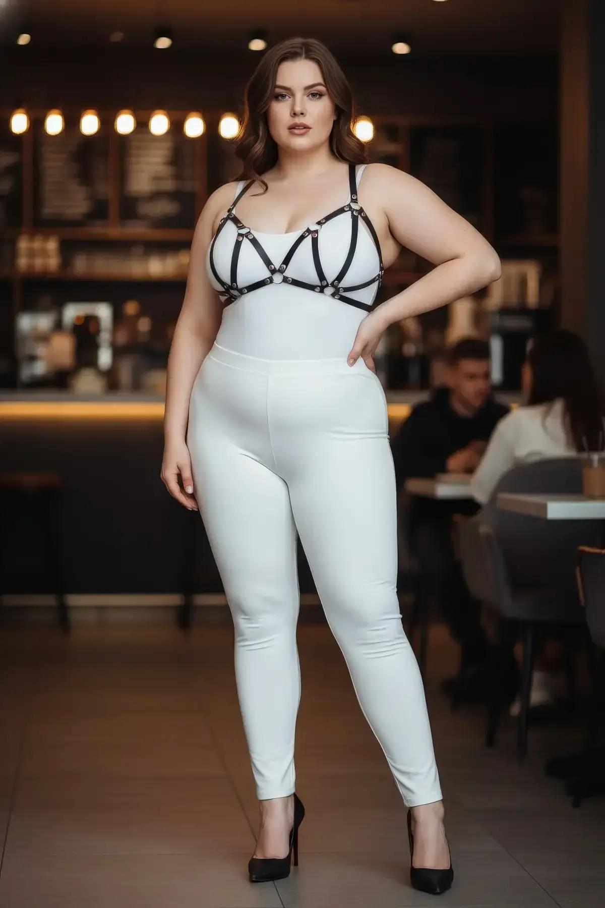 black cage chest harness worn over bare chest showing six-strap bra silhouette front view