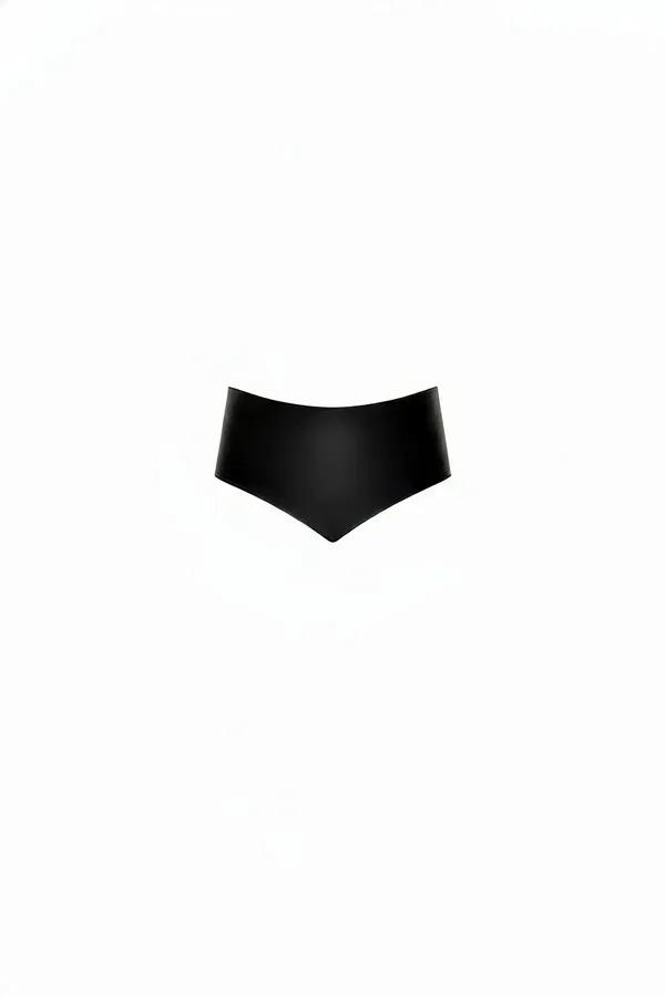 Black faux leather high-waisted V-cut briefs with matte finish and smooth structured front panel