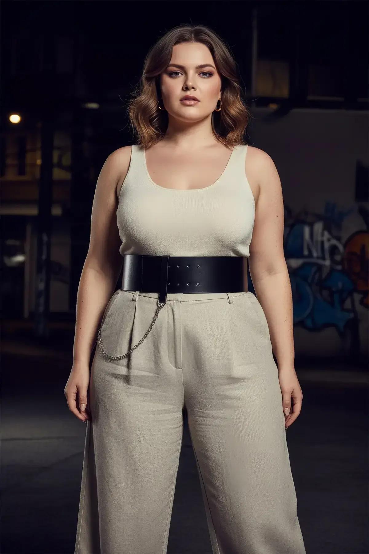 black wide waist belt with chain accent worn over beige trousers and white top in cafe setting