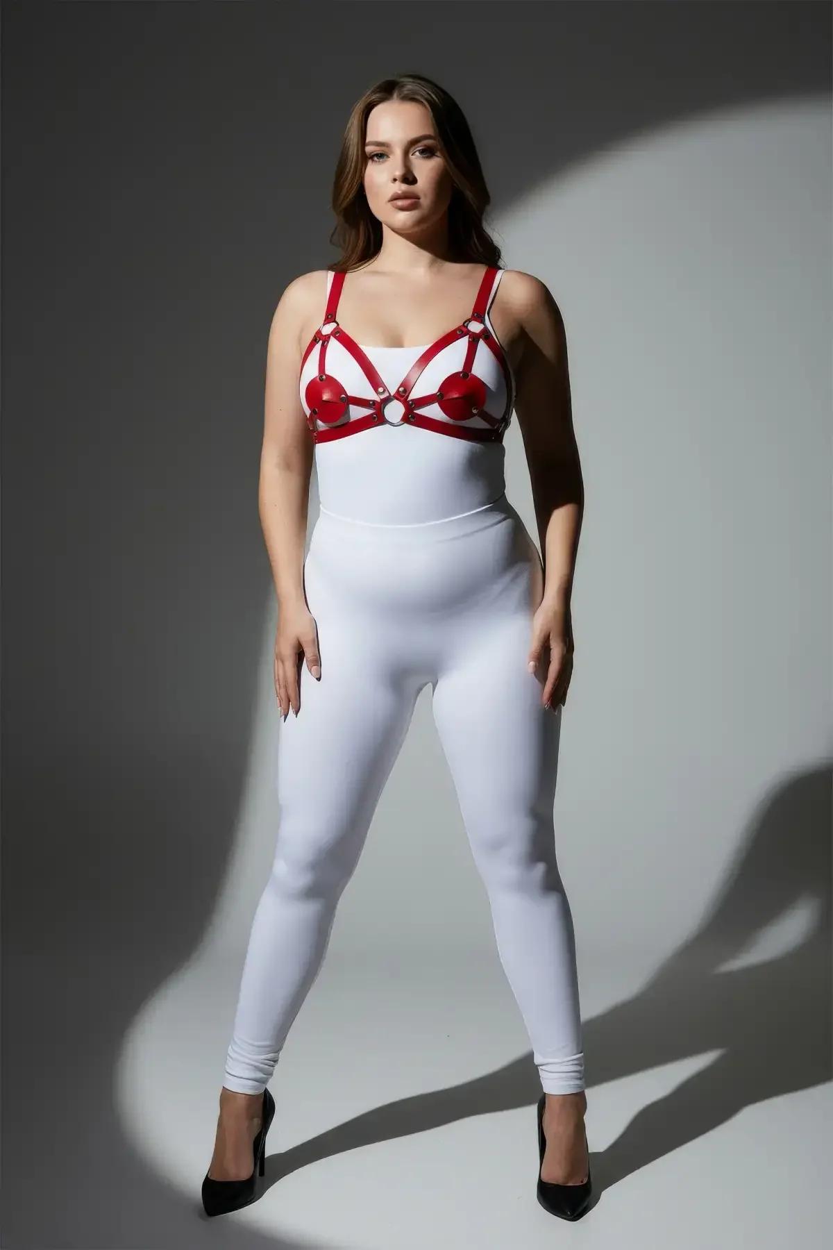 Red chest harness adjustable shoulder straps worn over white bodysuit side angle