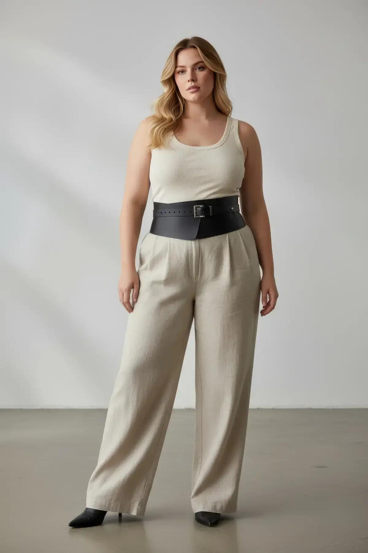 front view wide black faux leather corset belt showing 18 cm panel and perforated upper edge detail