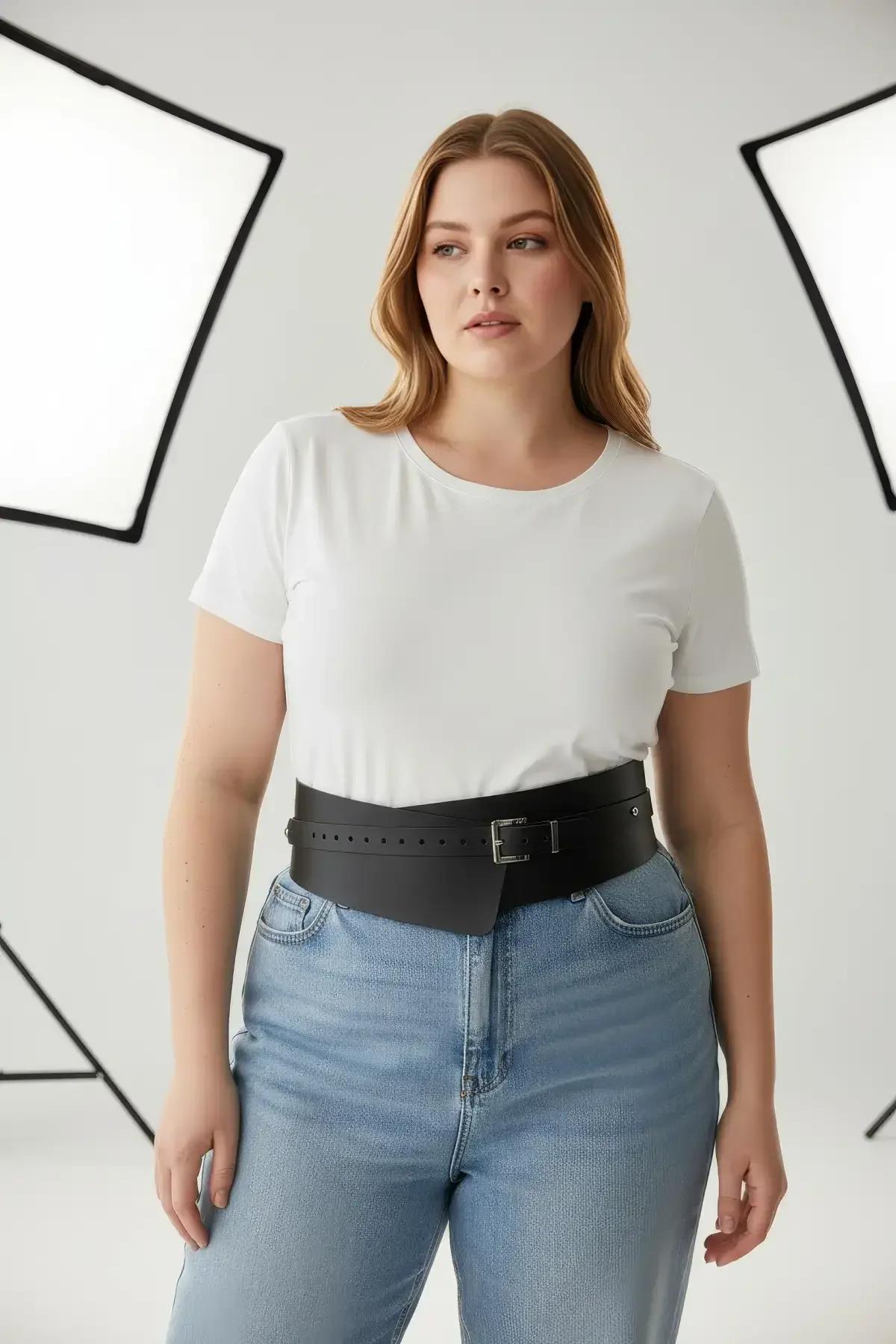 close-up of silver zinc-alloy rectangular buckle on matte black faux leather corset belt