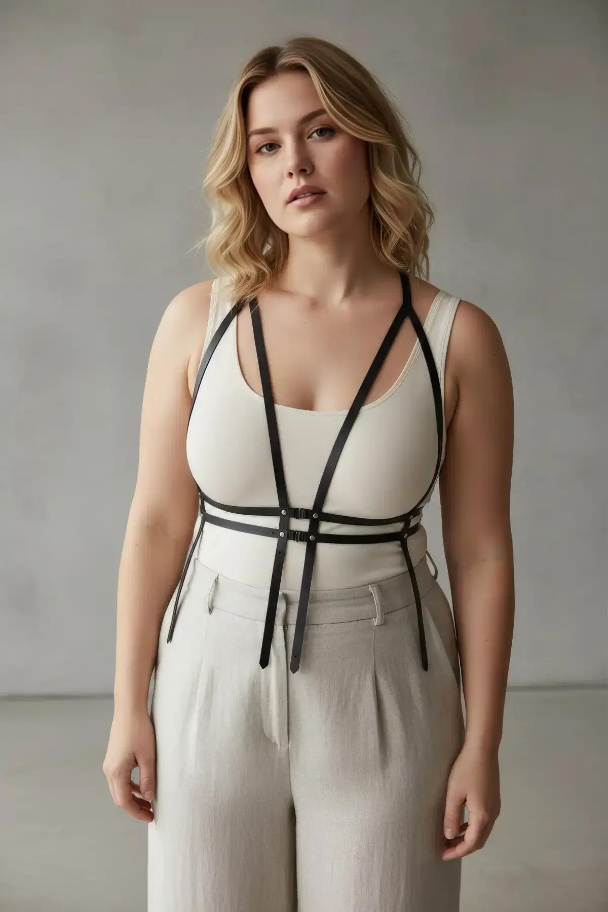 black caged chest harness adjustable shoulder straps viewed from back showing sliding buckle hardware