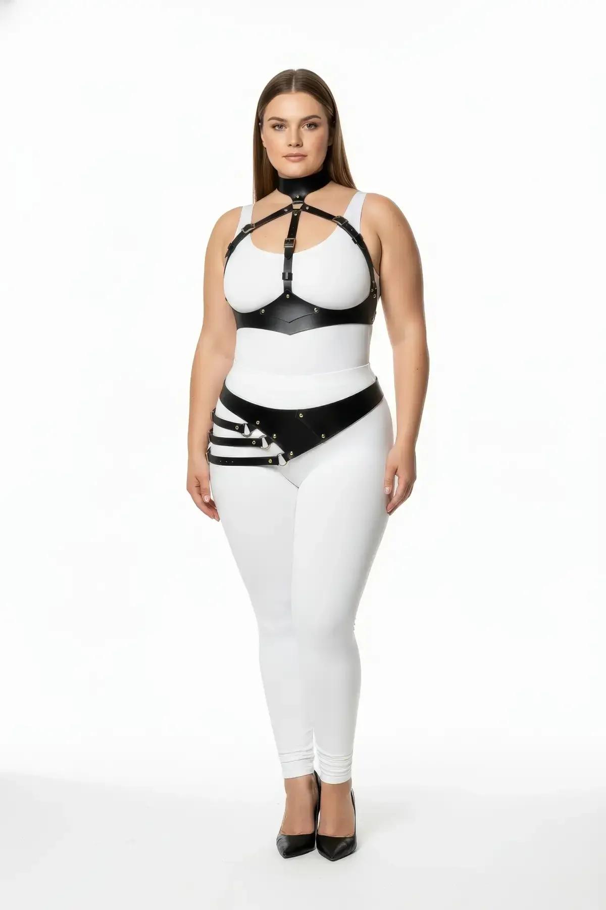 black faux leather chest harness with gold buckles and integrated choker collar front view